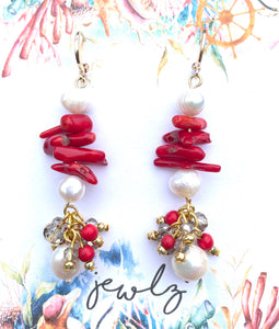 Red Coral & Pearl Earrings
