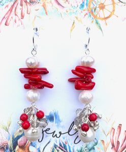 Red Coral & Pearl Earrings